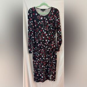 Eloquii Red and White Star Long Sleeve Body Con Dress with Ruching at Waist Line